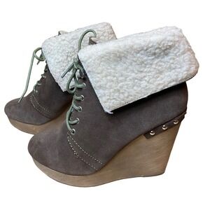 Naughty Monkey Womens 7.5 Brown Suede Platform Wood Wedge Heel Studded Boots